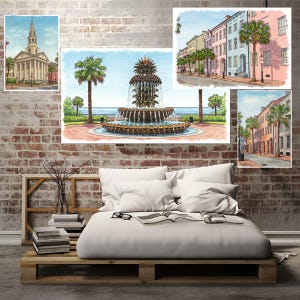 May include: Four watercolour paintings of Charleston, South Carolina. The paintings depict a church, a fountain, and two streets lined with colourful houses.