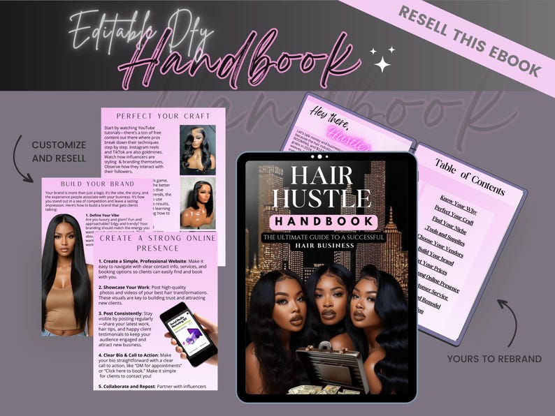 Pu&ograve; includere: Una copertina di ebook rosa e viola con il titolo "Hair Hustle Handbook: The Ultimate Guide to a Successful Hair Business". La copertina presenta tre donne con capelli lunghi e scuri e uno sfondo di citt&agrave;.