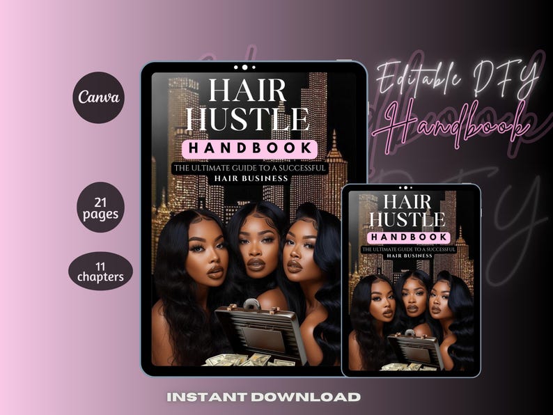 Pu&ograve; includere: Una copertina di prodotto digitale con tre donne con lunghi capelli neri. La copertina &egrave; per un ebook intitolato "Hair Hustle Handbook: The Ultimate Guide to a Successful Hair Business".