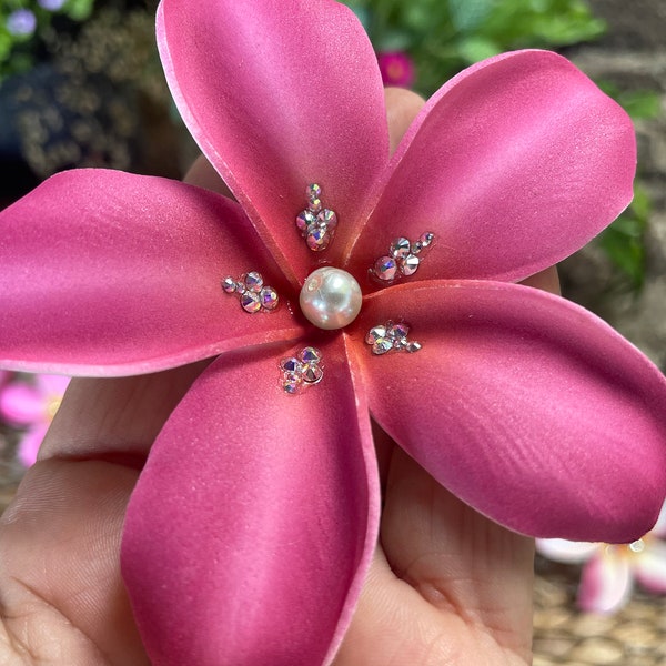 Plum- themed, Plumeria hair clip with pearl and Swarovski crystals