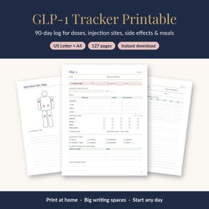 May include: A GLP-1 Tracker printable featuring a 90-day log for doses, injection sites, side effects, and meals. The document includes an injection site map, daily tracking sections for food, mood, sleep, and symptoms, available in US Letter and A4.