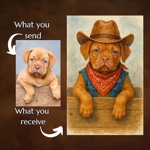Custom Watercolor Dog Portrait with Cowboy Hat, Western Pet Print from Photo, Rustic Ranch Decor, Dog Memorial Gift, Country Style Wall Art