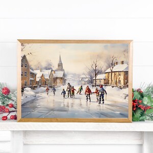 Christmas Farmhouse Skating Painting: Winter Art Print (Digital Download)