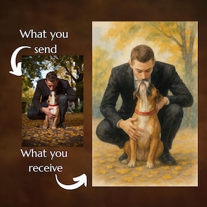 Retrato de hombre y perro en acuarela personalizado: Memorial personalizado para mascotas (enlace descargable a archivo PDF incluido)