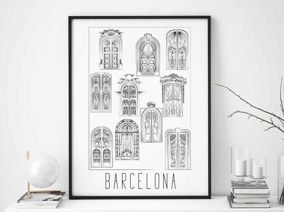 Handdrawn Barcelona Doors Black & White Architectural Art Print