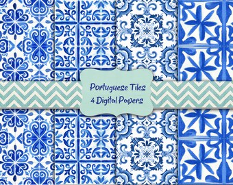 Watercolor Portuguese Tiles Digital Paper Azulejos Scrapbooking Paper Digital Download Printable Junk Journal Wedding Invitation Background