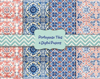 Watercolor Portuguese Tiles Digital Paper Azulejos Digital Scrapbooking Paper Digital Download Printable Junk Journal Paper Commercial Use