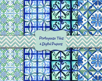 Watercolor Portuguese Tiles Digital Paper Azulejos Digital Scrapbooking Paper Digital Download Printable Junk Journal Paper Commercial Use