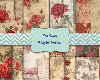 Red Roses Scrapbook Paper Instant Download Digital Paper Printable Paper Junk Journal Paper Commercial Use Scrapbooking Ephemera Old Paper