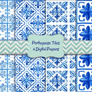 Watercolor Portuguese Tiles Digital Paper Azulejos Digital Scrapbooking Paper Digital Download Printable Junk Journal Paper Commercial Use