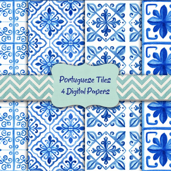 Watercolor Portuguese Tiles Digital Paper Azulejos Digital Scrapbooking Paper Digital Download Printable Junk Journal Paper Commercial Use