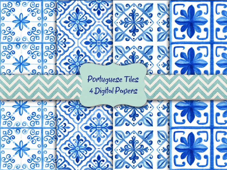 Watercolor Portuguese Tiles Digital Paper Azulejos Digital Scrapbooking Paper Digital Download Printable Junk Journal Paper Commercial Use image 1