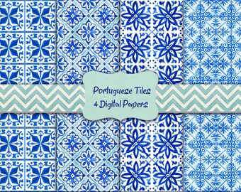 Watercolor Portuguese Tiles Digital Paper Azulejos Digital Scrapbooking Paper Digital Download Printable Junk Journal Paper Commercial Use