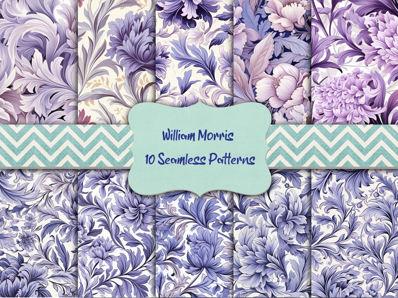 William Morris 10 Purple Seamless Patterns Digital Paper Instant Download Printable Wedding Invitations Junk Journal Paper Commercial Use image 1