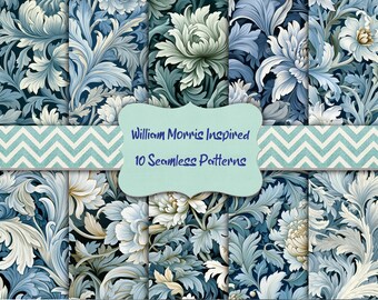 William Morris 10 Light Blue Seamless Patterns Printable Wedding Invitations Digital Paper Instant Download Party Invitations