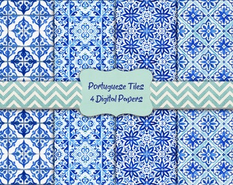 Watercolor Portuguese Tiles Digital Paper Azulejos Digital Scrapbooking Paper Digital Download Printable Junk Journal Paper Commercial Use