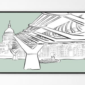 London Millenium Bridge St Paul's Ink Zeichnung Print, Sage Green druckbare Wandkunst