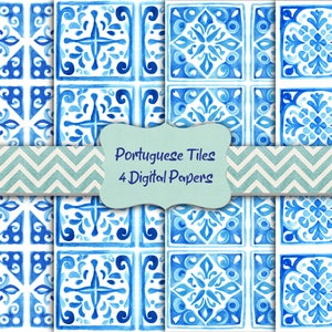 Watercolor Portuguese Tiles Digital Paper Azulejos Digital Scrapbooking Paper Digital Download Printable Junk Journal Paper Commercial Use