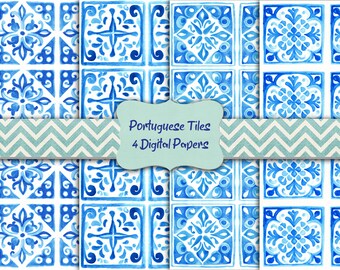 Watercolor Portuguese Tiles Digital Paper Azulejos Digital Scrapbooking Paper Digital Download Printable Junk Journal Paper Commercial Use