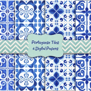 4 Watercolor Portuguese Tiles Digital Paper Azulejos