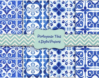 Watercolor Portuguese Tiles Digital Paper Azulejos Digital Scrapbooking Paper Digital Download Printable Junk Journal Paper Commercial Use