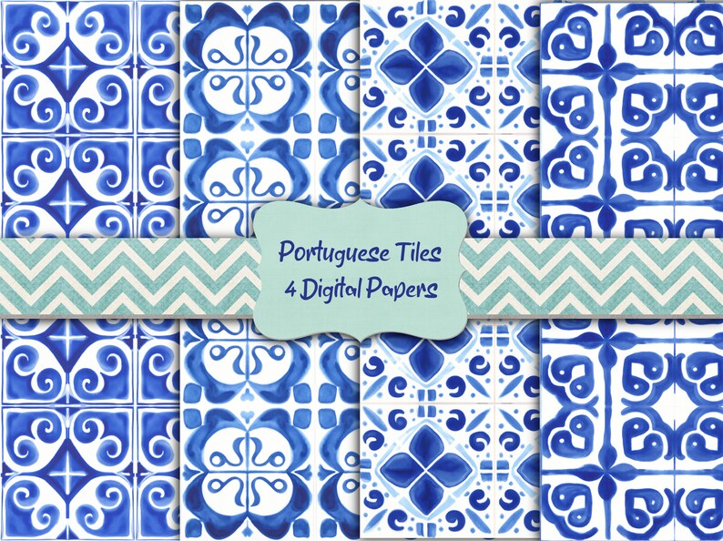 4 Watercolor Portuguese Tiles Digital Paper Azulejos