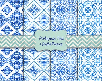 Watercolor Portuguese Tiles Digital Paper Azulejos Scrapbooking Paper Digital Download Printable Junk Journal Wedding Invitation Background