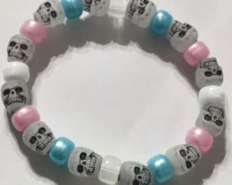 Glow in the Dark Trans Transgender - Pastel Pride Skull Bracelet - Day of the Dead, Zombie, LGBTQIA, Skull, Pride. Size medium