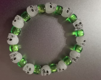 Glow in the Dark Skull and neon green bead Bracelet - Samhain, Zombie, Skull, Halloween. Size medium