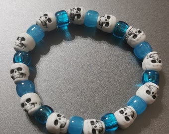 Glow in the Dark blue and white Skull Bracelet - Day of the Dead, Zombie, Skull, Halloween. Size medium