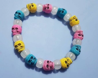 Glow in the Dark Pan Pansexual - Pride Skull Bracelet - Day of the Dead, Zombie, Skull, Pride. Size Medium