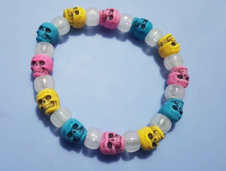 Glow in the Dark Pan Pansexual Pride Skull Bracelet Day of the Dead, Zombie, Skull, Pride. Size Medium image 1