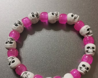 Glow in the Dark pink and white Skull Bracelet - Day of the Dead, Zombie, Skull, Halloween. Size medium