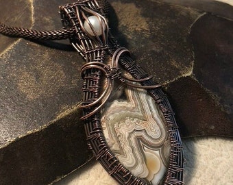 Laguna Lace Agate Pendant Necklace Copper Wire Wrapped Pendant