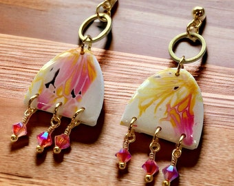 Polymer Clay Earrings Mokume Gane Tropical Floral Petal Summer Earrings