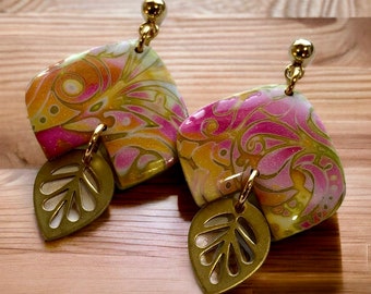Polymer Clay Earrings Mokume Gane Hold and Pink Summer Earrings Leaf Charm