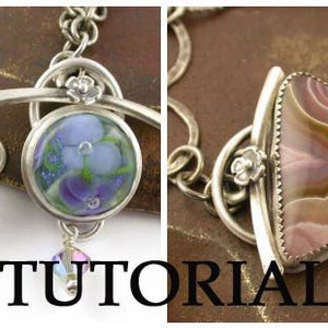 May include: Two silver clasps with different colored glass inserts. The first clasp has a round, multi-colored glass insert with shades of brown, orange, and yellow. The second clasp has a round, blue glass insert with a floral design. The word "TUTORIAL" is printed in black letters below the clasps.