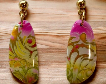 Polymer Clay Earrings Mokume Gane Hold and Pink Summer Earrings