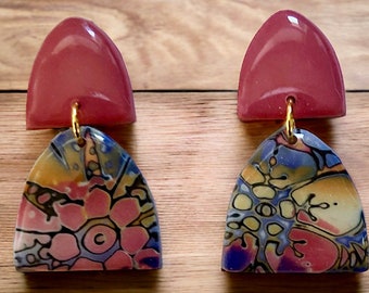Polymer Clay Earrings Mokume Gane Tropical Floral Summer Earrings