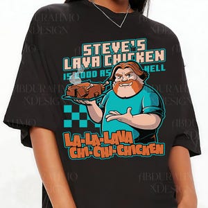 a woman wearing a t - shirt with a picture of a man holding a tray