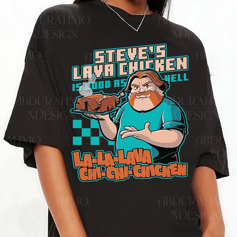 a woman wearing a t - shirt with a picture of a man holding a tray