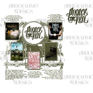 May include: A collage of album covers for the band Pierce the Veil. The covers feature a variety of imagery, including a house, a bird, a plane, and a couple holding hands. The band's name is prominently displayed in a large, stylized font.