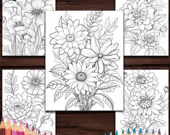 Hermosas páginas para colorear de flores para niños / Libros para colorear imprimibles / Hojas de actividades divertidas / Descarga instantánea en PDF