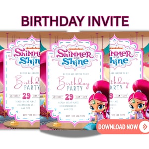 Może przedstawiać: Zaproszenia na przyjęcie urodzinowe z postaciami z Nickelodeon Shimmer i Shine. Zaproszenia mają różową i turkusową kolorystykę z napisem "Birthday Invite". Zawierają datę, godzinę i miejsce.