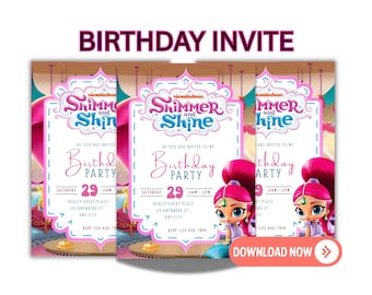 Shimmer and Shine Geburtstagseinladung | Magische Genie Party einladen | Bearbeitbare Kindervorlage | Druckbare Geburtstagskarte für Mädchen