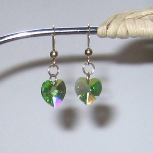 Peridot Swarovski Crystal Heart Dangle Earrings with Gold Filled Ear Wires, August Birthstone, Gift Box Included image 3