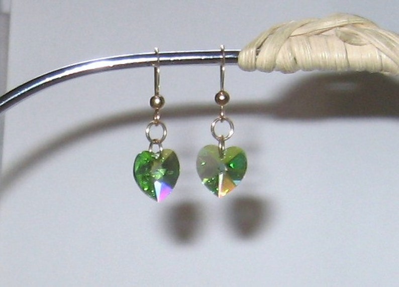 Peridot Swarovski Crystal Heart Dangle Earrings with Gold Filled Ear Wires, August Birthstone, Gift Box Included image 3