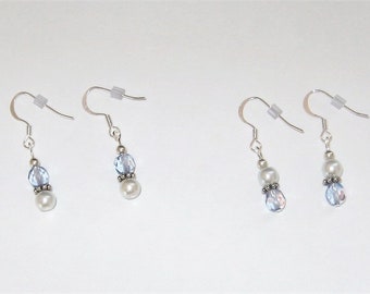 Beautiful Blue Crystal and White Glass Pearl Beaded Earrings, Your Choice Made-to-Order, Gift Box Included, Birthdays, Mother's Day