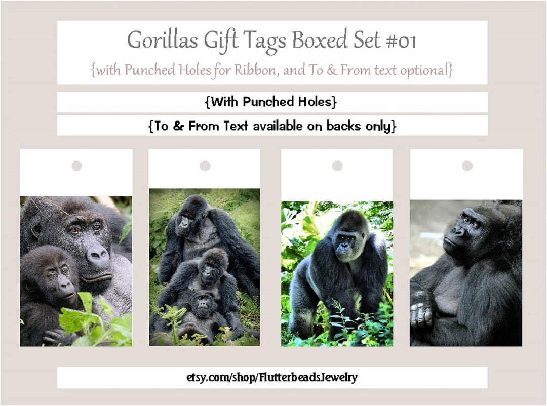 Gorillas Gift Tags Set 01, Boxed Set of 4 Designs, Birthdays, Mothers