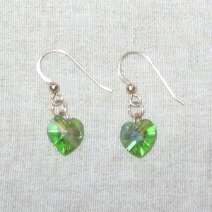 Peridot Swarovski Crystal Heart Dangle Earrings with Gold Filled Ear Wires, August Birthstone, Gift Box Included image 2